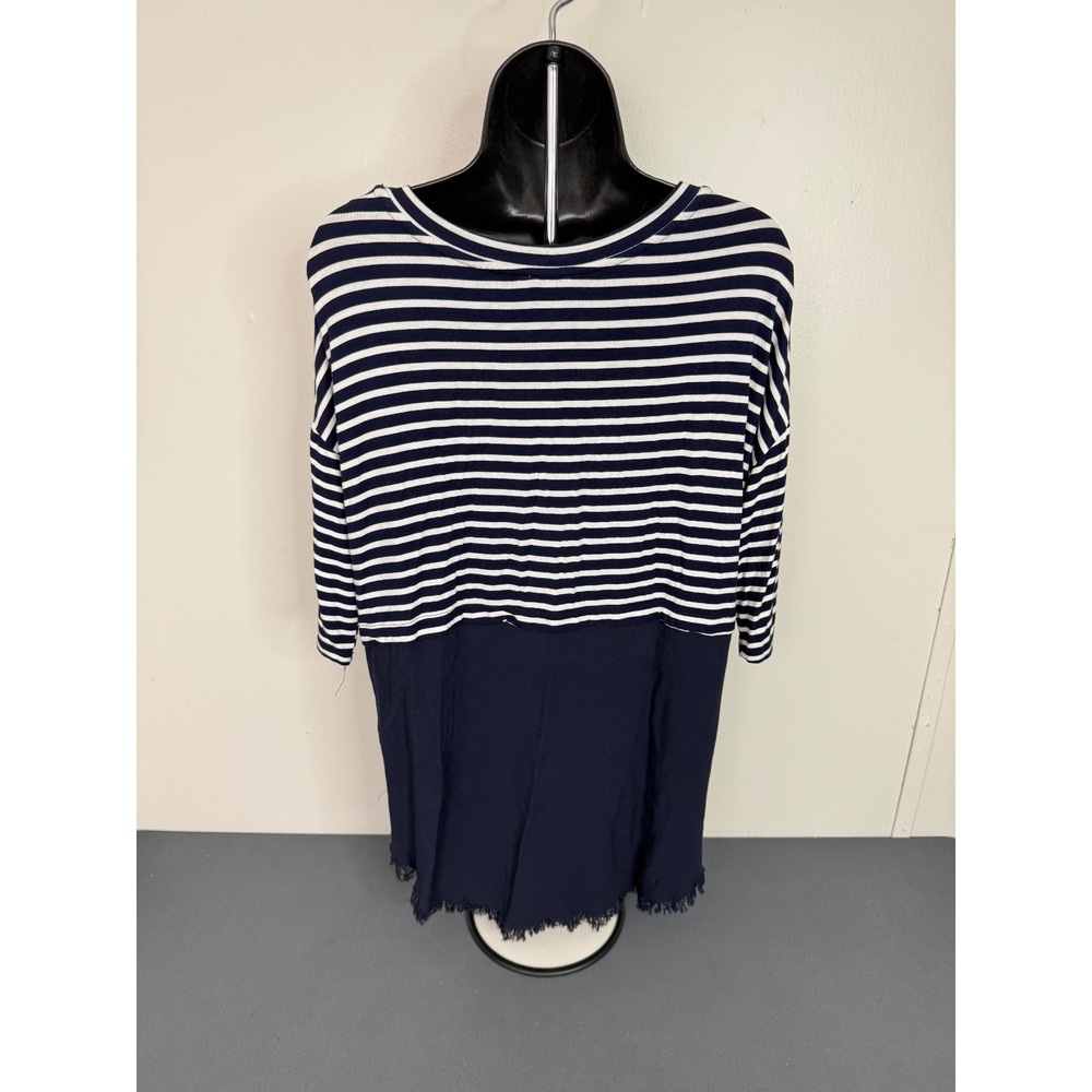 Umgee Blouse Shirt Top Women Small 3/4 Sleeve Pullover White Blue Stripe - Picture 5 of 5